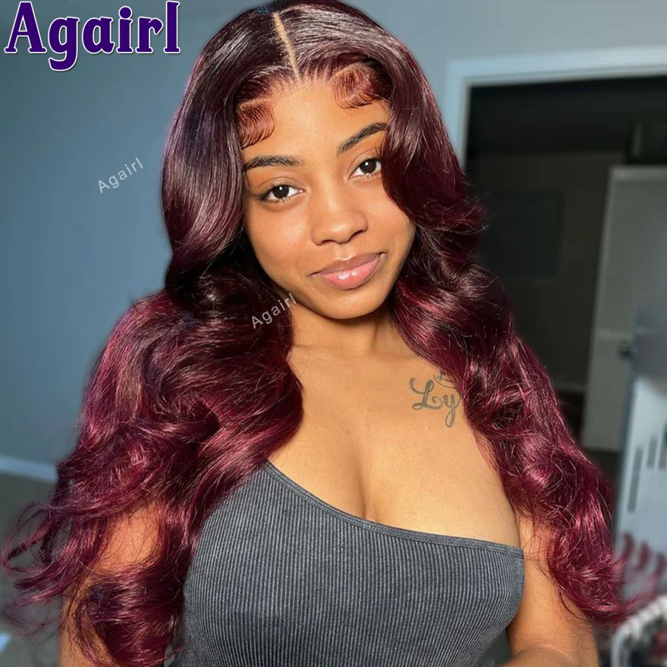 

Ombre Wine Red 13x6 13X4 Transparent Lace Frontal Wig Glueless Human Hair Body Wave Wig Dark Burgundy 6X4 Closure Wigs For Women