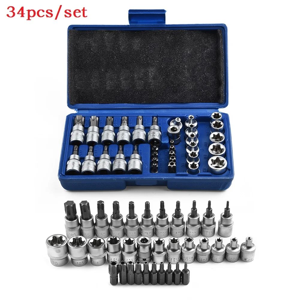 

34Pcs Torx Star Sockets Bit Set 3/8'' T10 15 20 25 27 30 40 45 50 55 60 Male Female E-Security Drive Handheld Tool