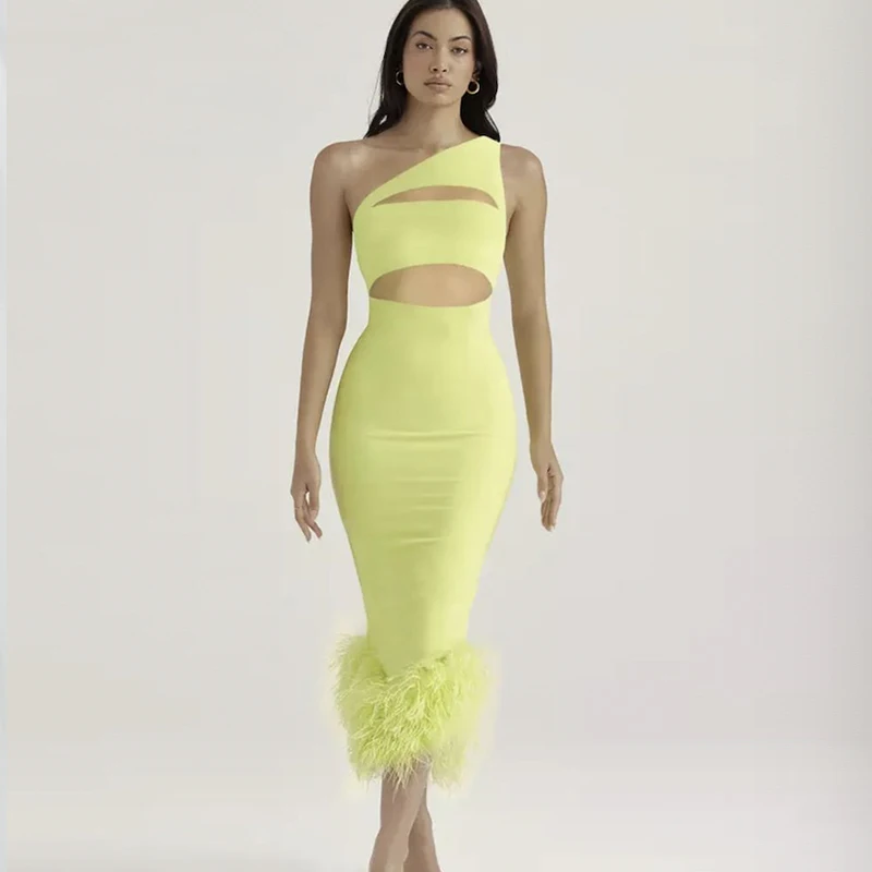 Yellow Color Women Sexy One Shoulder Feathers Sexy Bodycon Mid-calf Bandage Dress Keyholes Celebrate Birthday Party Dress
Yellow Color Women Sexy One Shoulder Feathers Sexy Bodycon Mid-calf Bandage Dress Keyholes Celebrate Birthday Party Dress