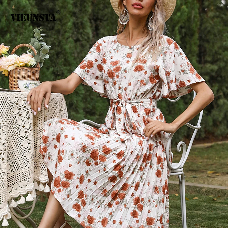

Hot Selling Floral Lotus Leaf Sleeved Round Neck Dress With Lace Up Pleats Printed Waistband A-line Skirt 2024 New Summer Outfit
