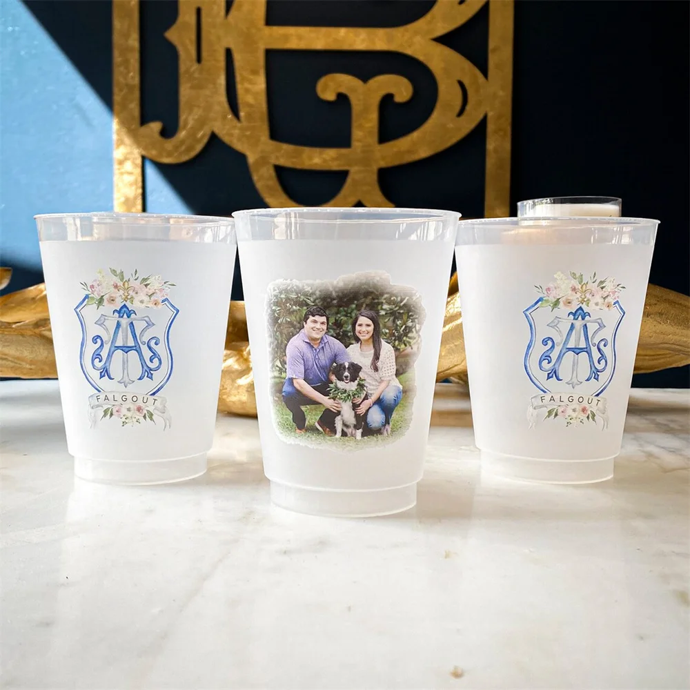 

Full Color Frost-Flex Cups, Wedding Crest Frosted Plastic Cups, Custom Logo Shatterproof Cups, Personalized Party Cups, Party Fa