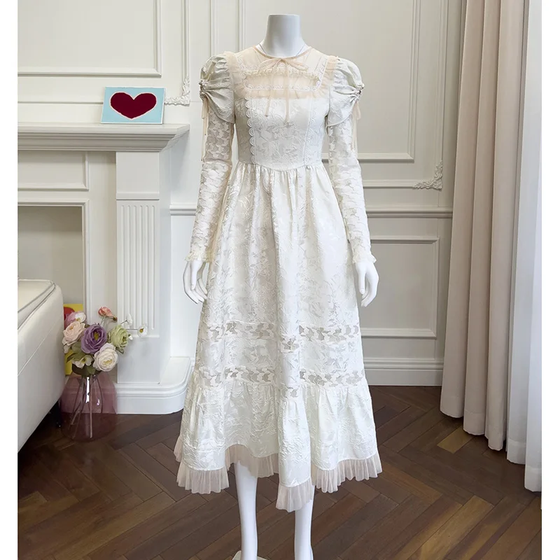 

Nude mesh flaps white floral jacquard round neck long sleeve tulle frills hem midi elegant spring brand dress free shipping