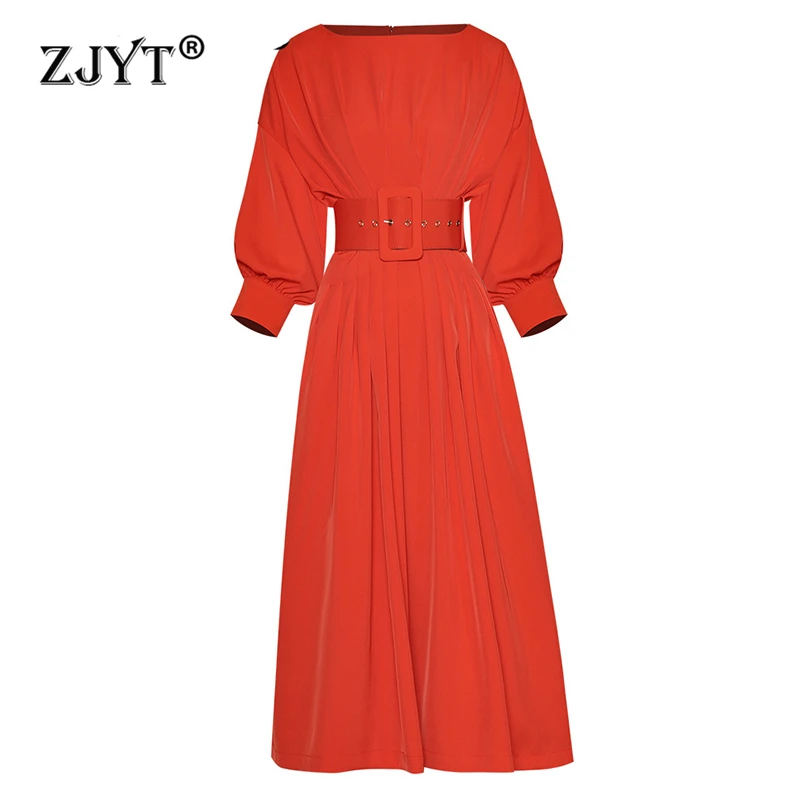 

ZJYT New 2024 Spring Elegant Batwing Sleeve Midi Dress Women Runway Designer Solid Holiday Dialy Casual Dress Female Clothes