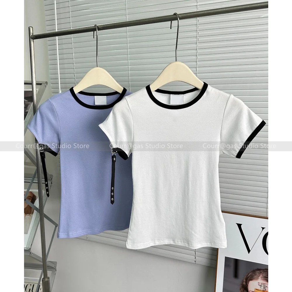 

2024 Spring and summer new Europe and the United States wind round neck hit colour Slim short-sleeved fashion design T-shirt