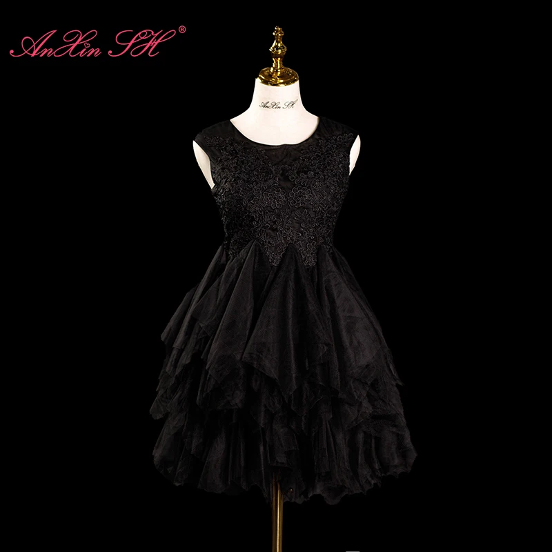 

AnXin SH princess black flower lace o neck sleeveless illusion ruffles zipper party short evening dress Little black dress