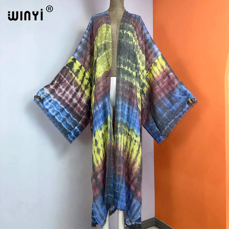 

WINYI Women Bohemian Tie-dye print Elegant kaftan dress African Cardigans Outerwear For Women Summer Sexy cotton feeling Kimono