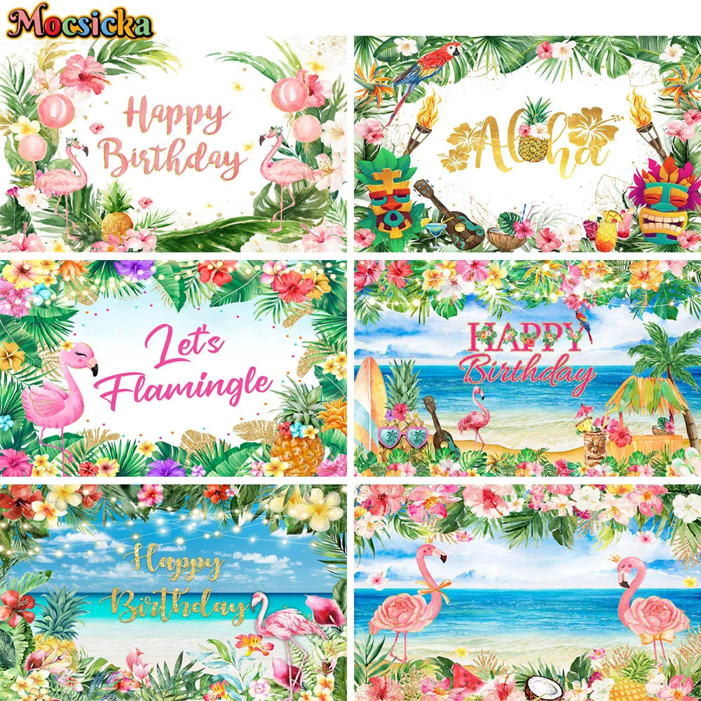 

Summer Hawaiian Aloha Party Tropical Palm Leaves Photography Backdrops Seaside Flamingo Birthday Wedding Decor Photo Background