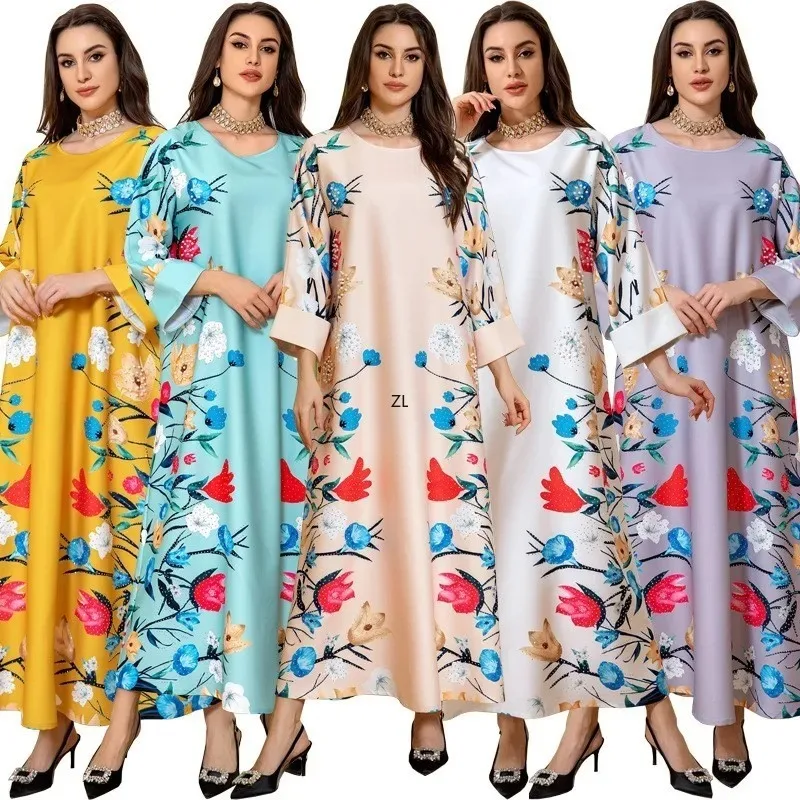 

Arabian Dubai Fashion Printed Diamond Robe Jalabiya Muslim Abaya Elegant Loose Women Maxi Dress Robe Eid Al-Fitr New Arrival