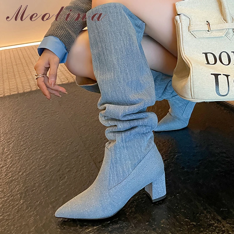 

Meotina Women Over-the-Knee Boots Pointed Toe Thick High Heels Pleated Long Boots Ladies Fashion Shoes Autumn Winter Blue Black