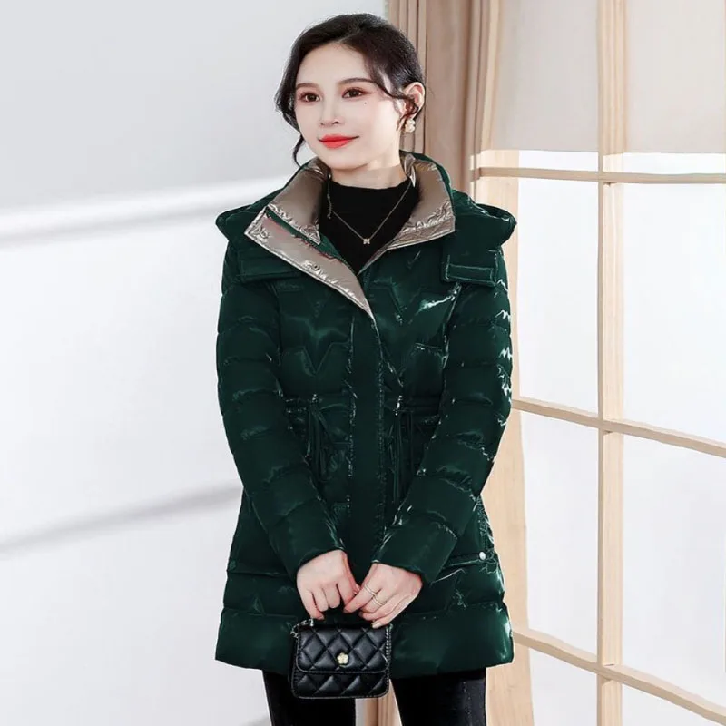 

Pearlescent Glossy Down cCotton-Padded Jacket Women Overcoat Long Slim Thick Warm Parker Coat 2023 New Winter Hooded Cotton Coat