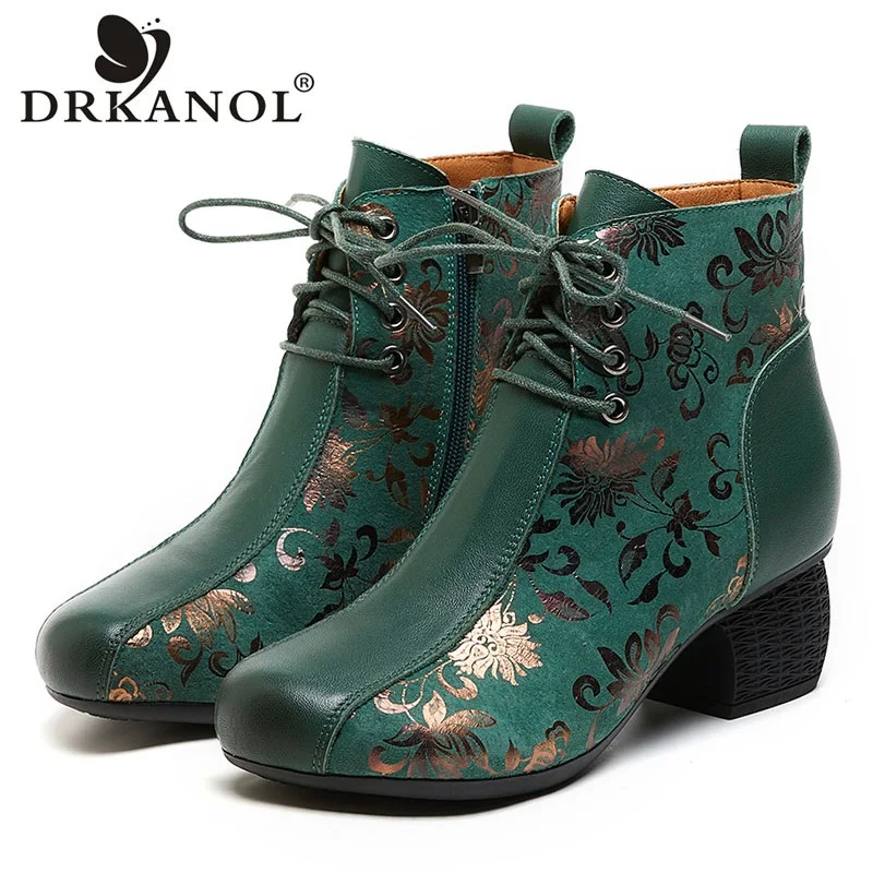 

DRKANOL Winter Warm Shoes Women Thick Heel Genuine Leather Ankle Boots National Style Printing Zipper Casual Short Boots Lady