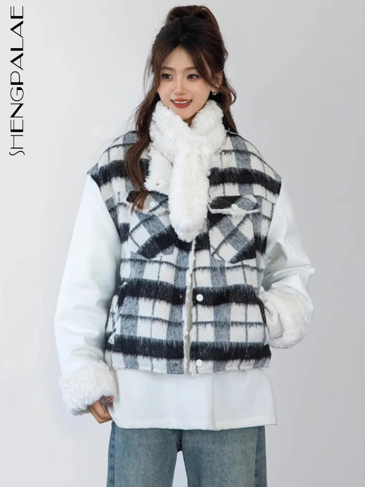 

SHENGPALAE Plaid Spliced Padded Coat For Women Winter Contrast Color Single Breasted Thicken Warm Cotton Clothes 2023 New 5R8414