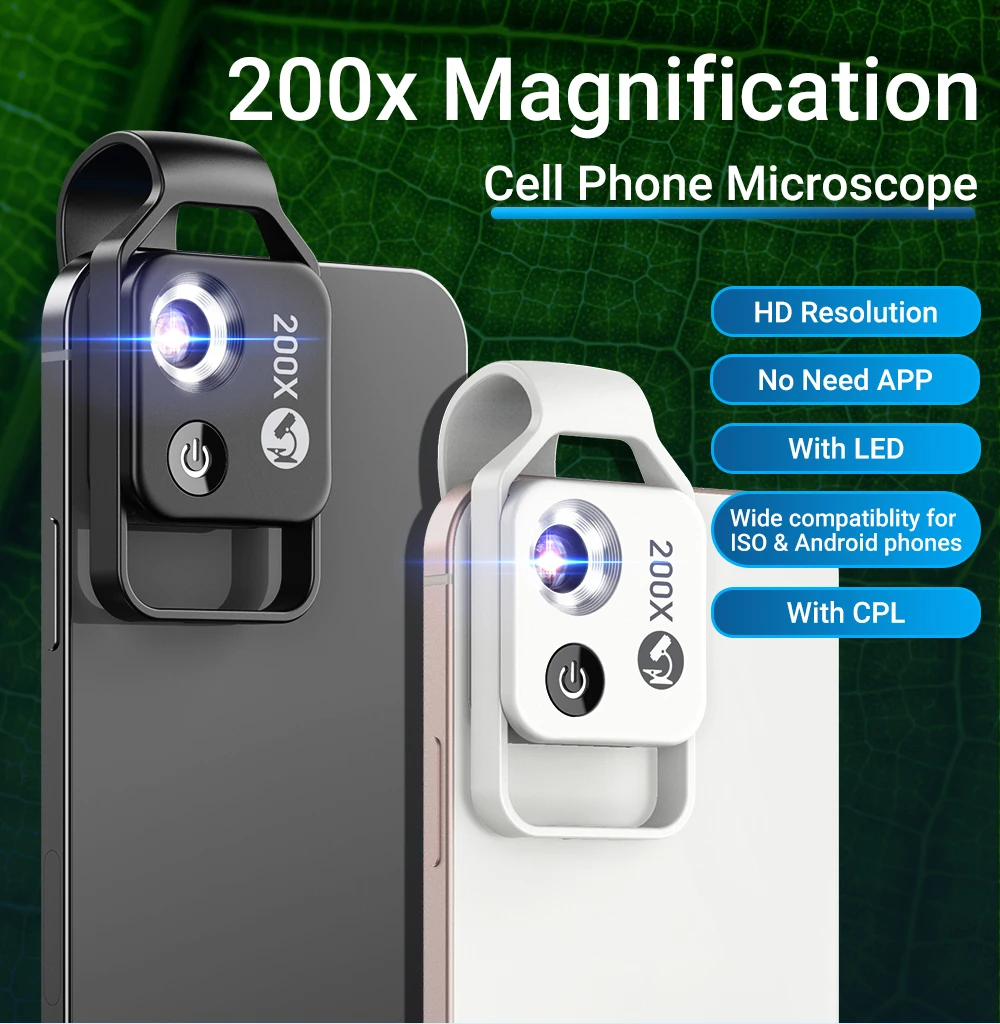 Phone microscope with CPL lens 200x magnification adjustable LED light fill for live streaming at night mobile phone lens black
Phone microscope with CPL lens 200x magnification adjustable LED light fill for live streaming at night mobile phone lens black
