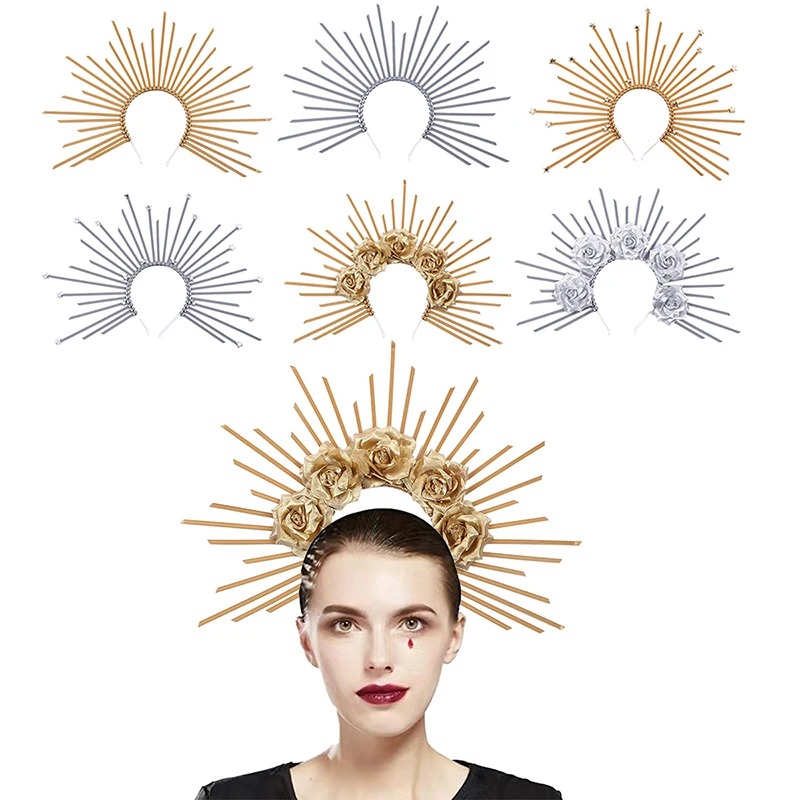 

Women Baroque Tiara Greek Headwear Spiked Crown Mary Halo Goddess Headband Halloween Cosplay Costume Headpiece Hair Accessories