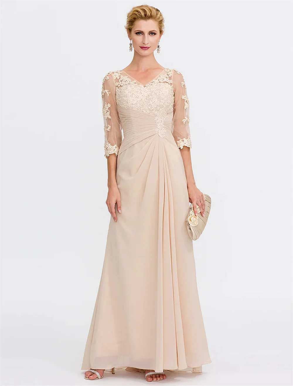 Sheath Column Mother of the Bride Dress Elegant See Through V Neck Floor Length Chiffon Sheer Lace Half Sleeve with Appliques
Sheath Column Mother of the Bride Dress Elegant See Through V Neck Floor Length Chiffon Sheer Lace Half Sleeve with Appliques