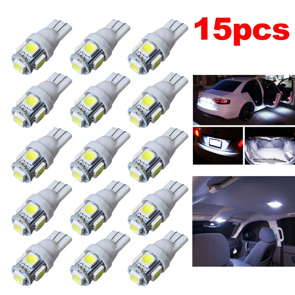 

New 15Pcs Car T10 White LED 5050 5smd Wedge Light Bulb W5W 194 168 2825 158 192 12V License Plate Car Turn Parking Signal Lamps