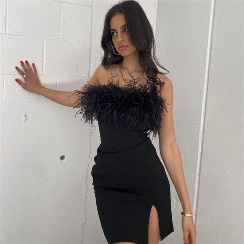 Female Feather Fur Hem Patchwork Splicing Mini Bodycon Dress Summer Sleeveless Strapless Split Solid Color Sexy Hip Dresses
Female Feather Fur Hem Patchwork Splicing Mini Bodycon Dress Summer Sleeveless Strapless Split Solid Color Sexy Hip Dresses