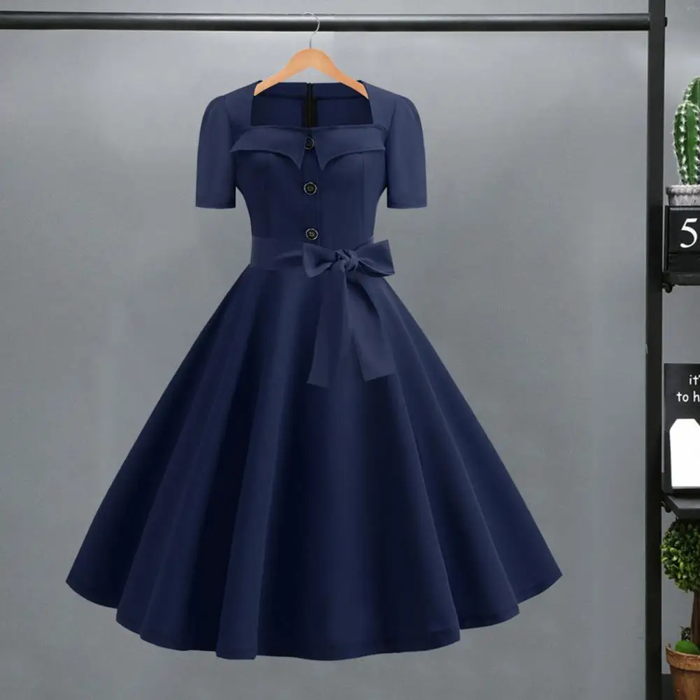 

Women Dress Square Neck Short Sleeve Retro 1950s A-line Big Hem Button Decor Dot Print Mid Waist Belted Bow Decor Midi Dress