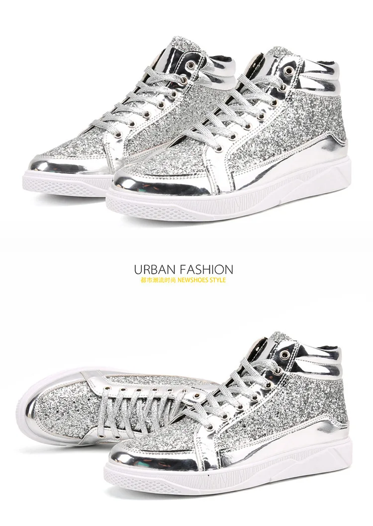 Fashion Men High Top Sneakers Male Ankle Boots Gold Luxury Glitter