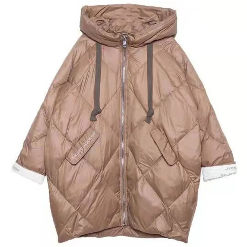 

Женское пуховое пальто средней длины, свободное теплое хлопковое пальто-кокон с капюшоном и надписью, Корейская версия, зима 2023