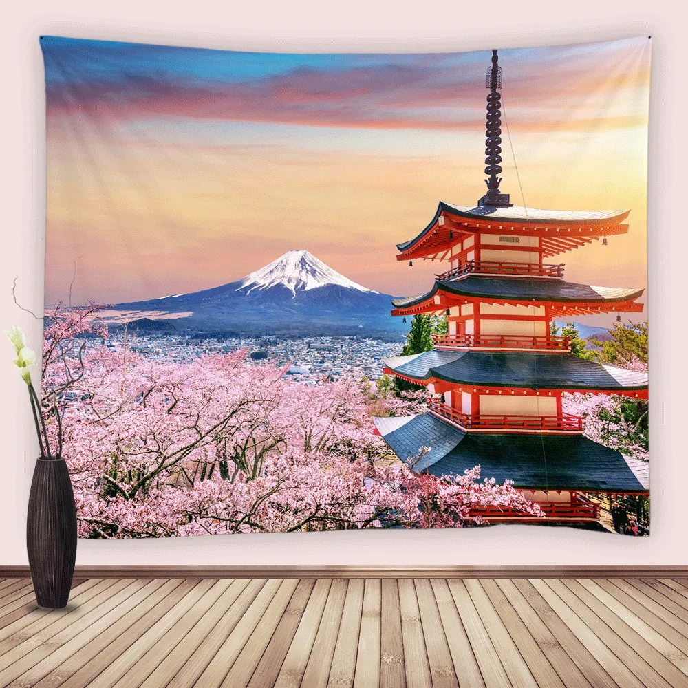 

Japanese Pink Cherry Blossom Tapestry Wall Hanging Fabric Mount Fuji Asian Tower Flowers Scenery Tapestries Home Bedroom Decor