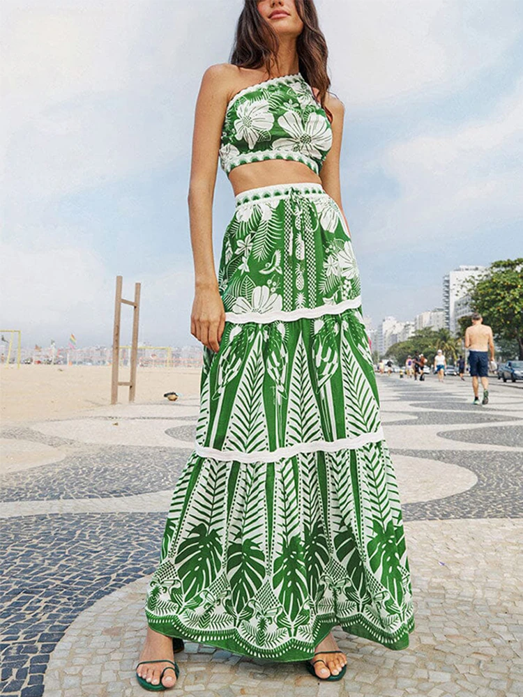 

One Shoulder Sleeveless Swimsuit Woman 2023 Floral Print One-piece Swimwear and Cover-ups Green Ethnic Style Beach Outfit Bikini