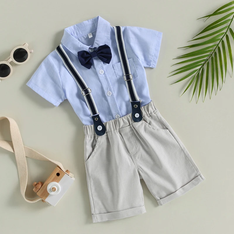

Infant Baby Boy Gentleman Outfits Suits Short Sleeve Bowtie Romper Shirts Suspender Shorts 2Pcs Summer Clothes Set