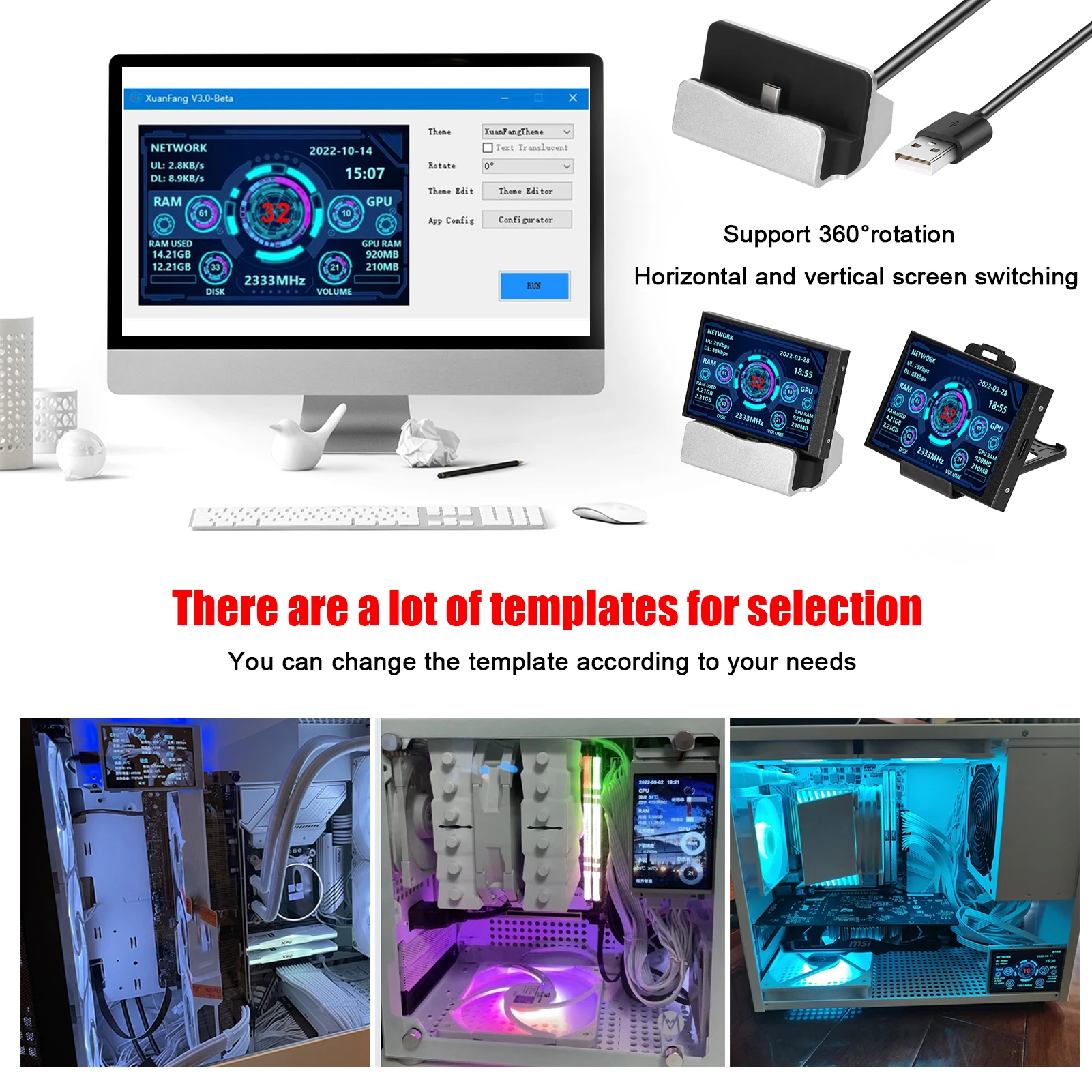 Generic 3.5 Inch 5 Inch IPS Screen USB C Port CPU RAM HDD Monitor USB Display for Freely A64