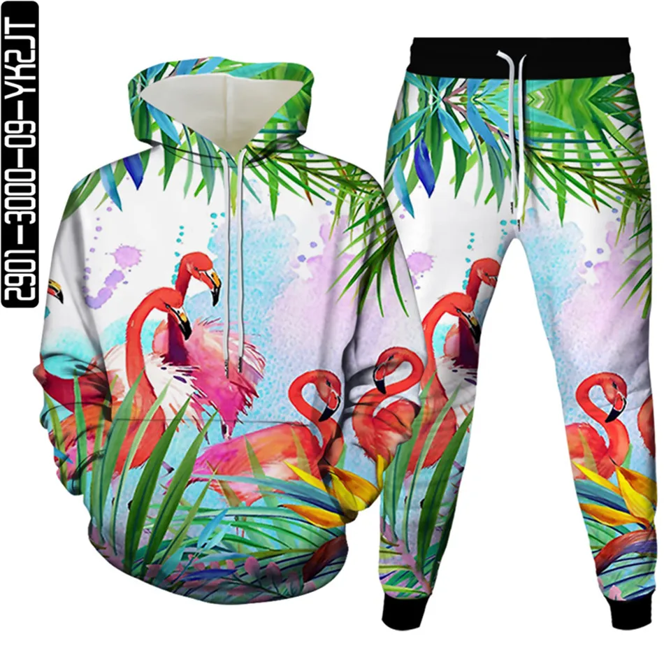 

Men Hoodies+Trousers 2Pcs Set Clothes Animal Rabbit Deer Flamingo Dog Octopus White Swan Print Women Casual Tracksuit Size S-6XL