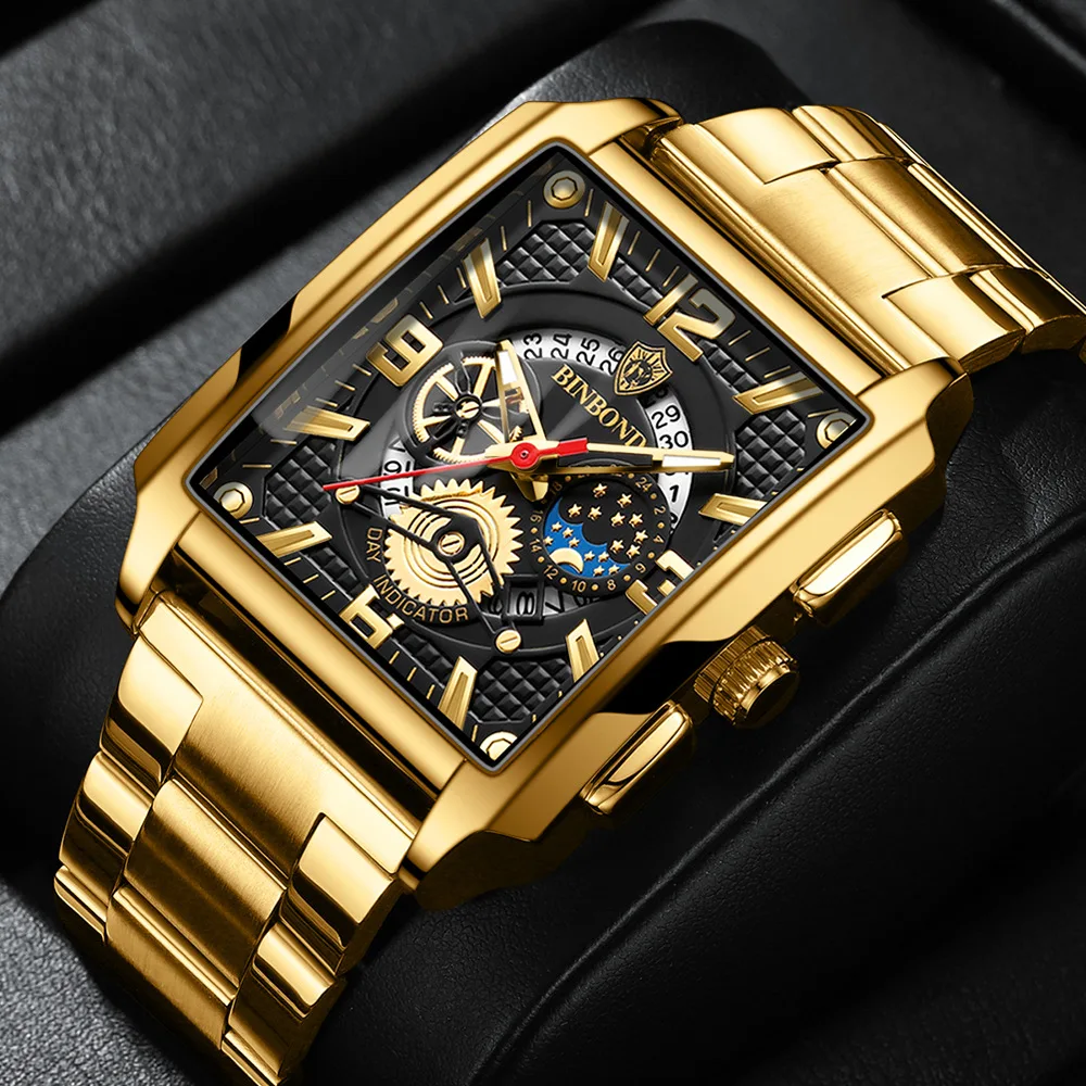 

New Fashion Casual Watch Men Rectangular Dial Gold Sport 30M Waterproof Quartz Wristwatches Auto Date Clock Relogio Masculino