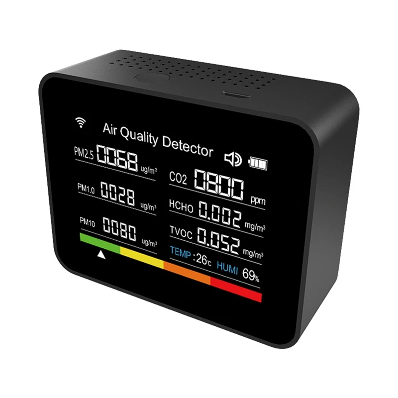 

Монитор качества воздуха CO2/TVOC/HCHO/PM2.5/PM1.0/PM10, прибор для контроля качества воздуха, 13 в 1, с Wi-Fi, для измерения температуры, влажности, времени, даты, будильника, таймера