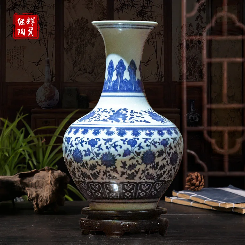 

Chinese handicrafts Blue and white porcelain underglaze color tangled lotus vase household antique ceramics Chinese ornaments