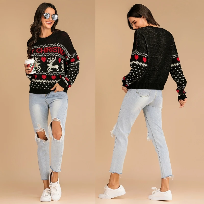 

Women Christmas Winter Long Sleeve Sweater Reindeer Love Heart Printing Knitwear Jumper Crewneck Holiday Casual Dropship