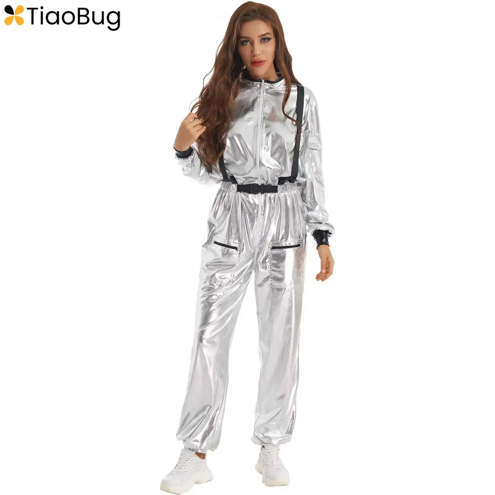 

Astronaut Costume Adults Silver Space Suit Halloween Party Cosplay Costume Metallic Shiny Long Sleeve Jumpsuits Zipper Bodysuit