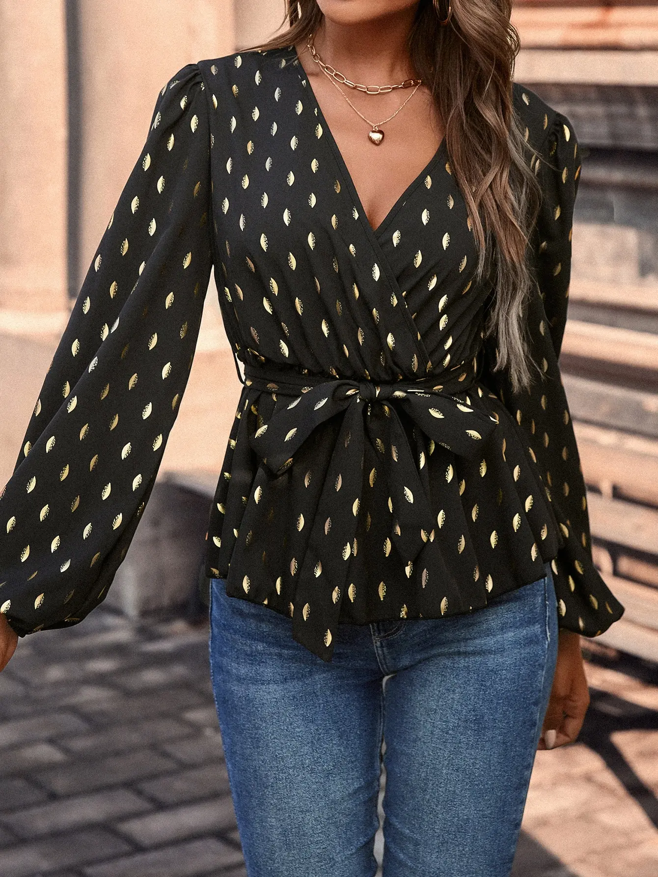 

Finjani Women's Blouses Gold Dot Print Lantern Sleeve Belted Blouse Long Sleeve V Neck Top For Autumn