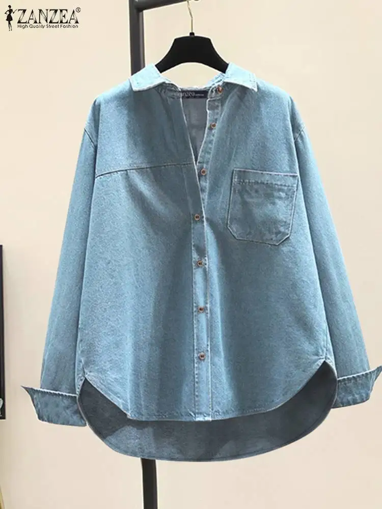 

ZANZEA Women Long Sleeve Blouse Fashion Stitching Pocket Denim Shirt Casual Loose Tops 2024 Summer Spring Work Tunics Oversized