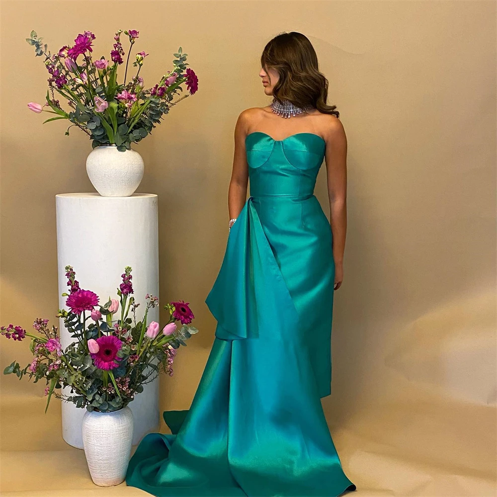 

Prom Dresses Fashion Elegant Strapless Sheath Floor Length Satin Ruched Formal Evening Gowns Sleeveless فساتين سهرة 파티복이브닝드레스
