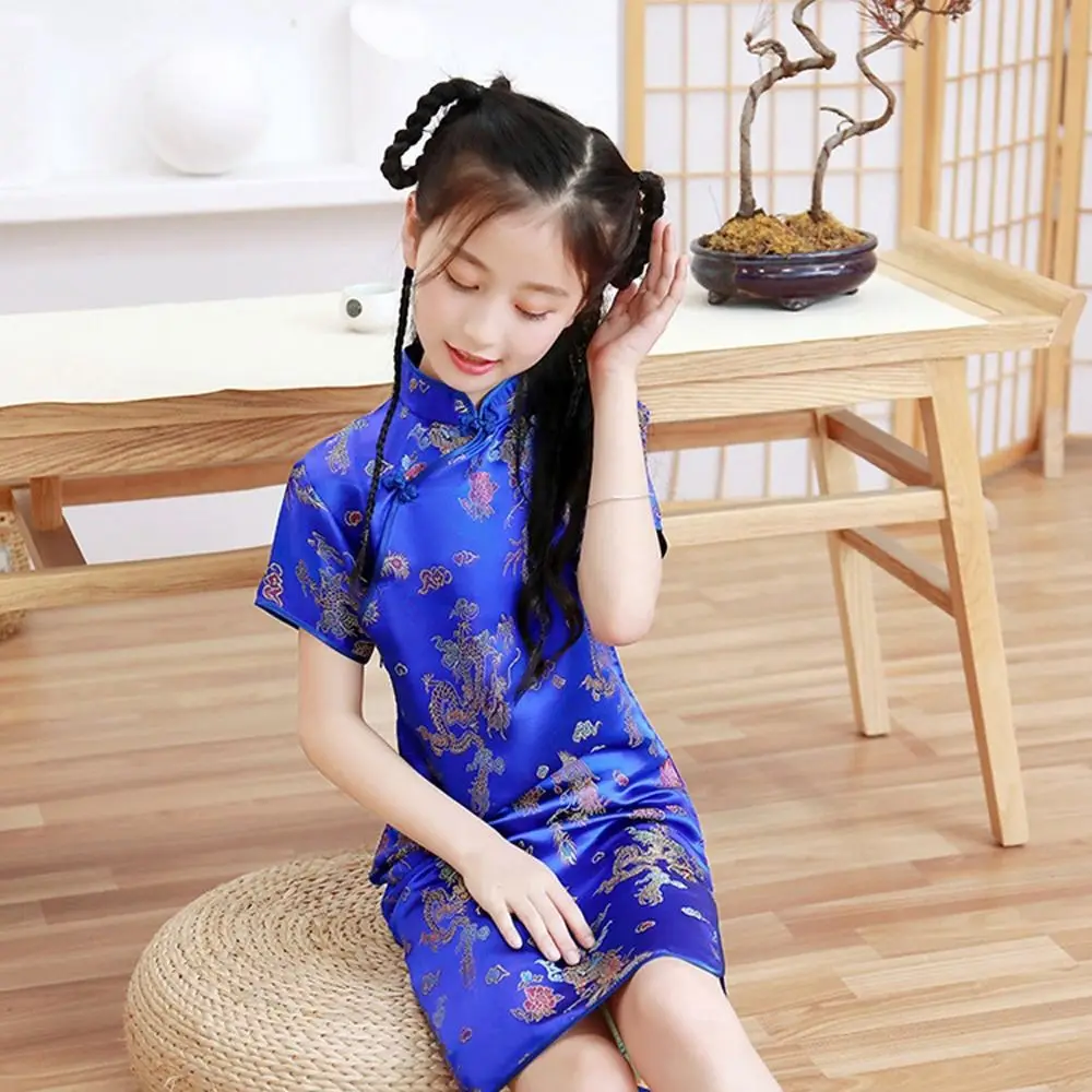 

Удобное осеннее шелковое платье-Ципао с рисунком дракона и феникса для девочек, платье в китайском стиле, юбка для девочек, традиционное детское платье, Ципао
