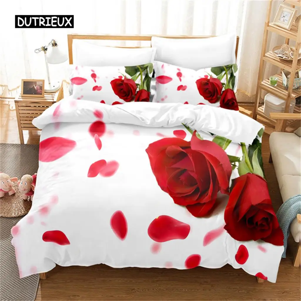 

Red Rose Rose Bedding Set Valentine's Day Present Flowers Lovers White Duvet Cover For Women Bedroom Decoration Couple Lovers