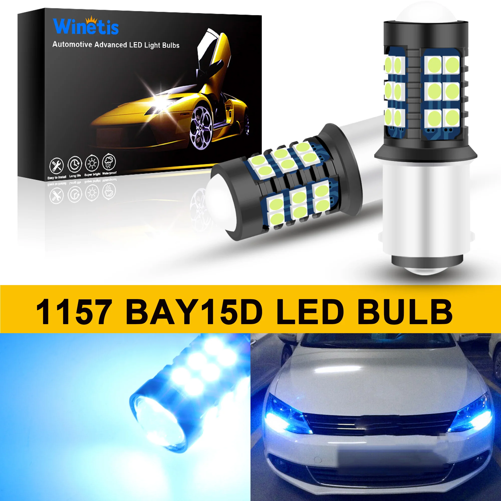 

Winetis 2X 1157 2357 2057 7528 BAY15D Ice Blue LED Bulbs with Projector Lens For Daytime Running Light DRL Backup Reverse Lights