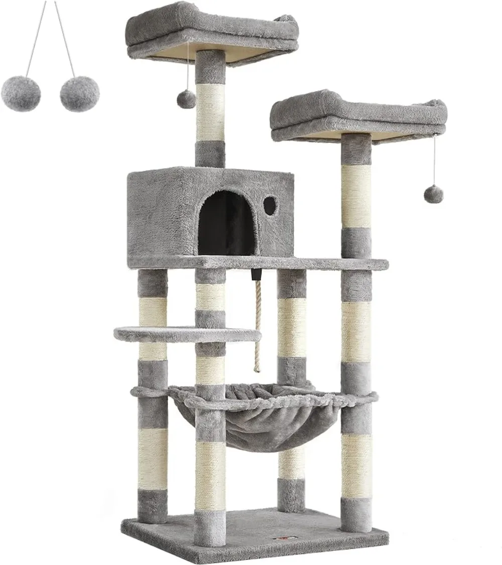 

FEANDREA Cat Tree, Cat Tower for Indoor Cats, 56.3-Inch Cat Condo with Scratching Posts, Hammock, Plush Perch,Light Gray UPCT15W