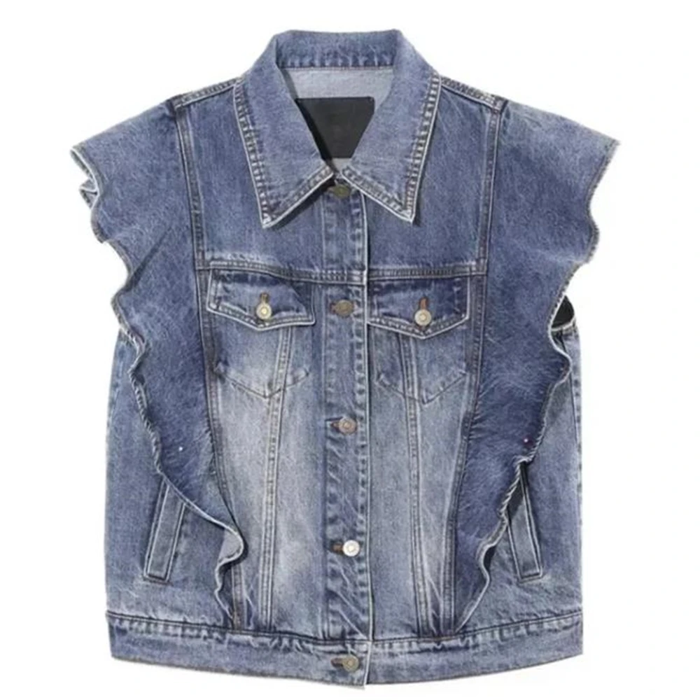 Retro Design Polo Collar Waistcoat Ruffles Edge Denim Vests Women Single-breasted Sleeveless Jacket Female Outwear Tops Coats
Retro Design Polo Collar Waistcoat Ruffles Edge Denim Vests Women Single-breasted Sleeveless Jacket Female Outwear Tops Coats