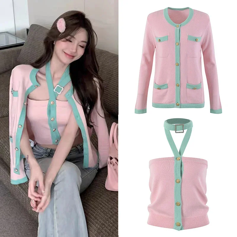 Women's Luxury Designer Knitted Sweater Set 2024 Spring Lady Elegant Contrast Color Cardigan Fashion Knit Hanging Neck Vest
Women's Luxury Designer Knitted Sweater Set 2024 Spring Lady Elegant Contrast Color Cardigan Fashion Knit Hanging Neck Vest