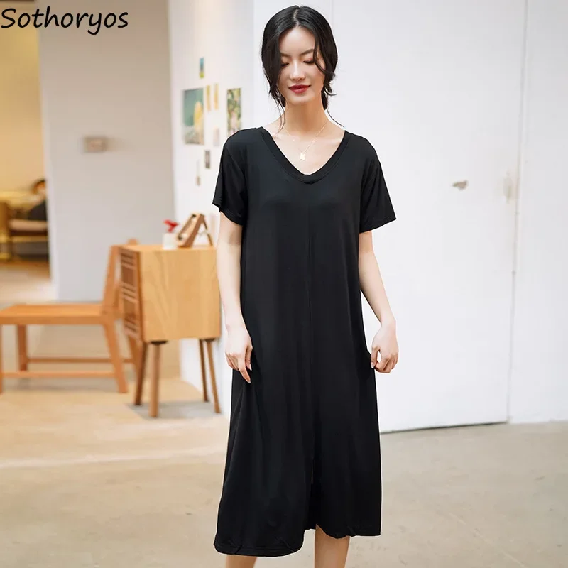 

Women Short Sleeve Dress V-neck Modal Elegant Solid Gentle Leisure Midi Dresses for Womens Soft Summer Female Japanese Style Ins