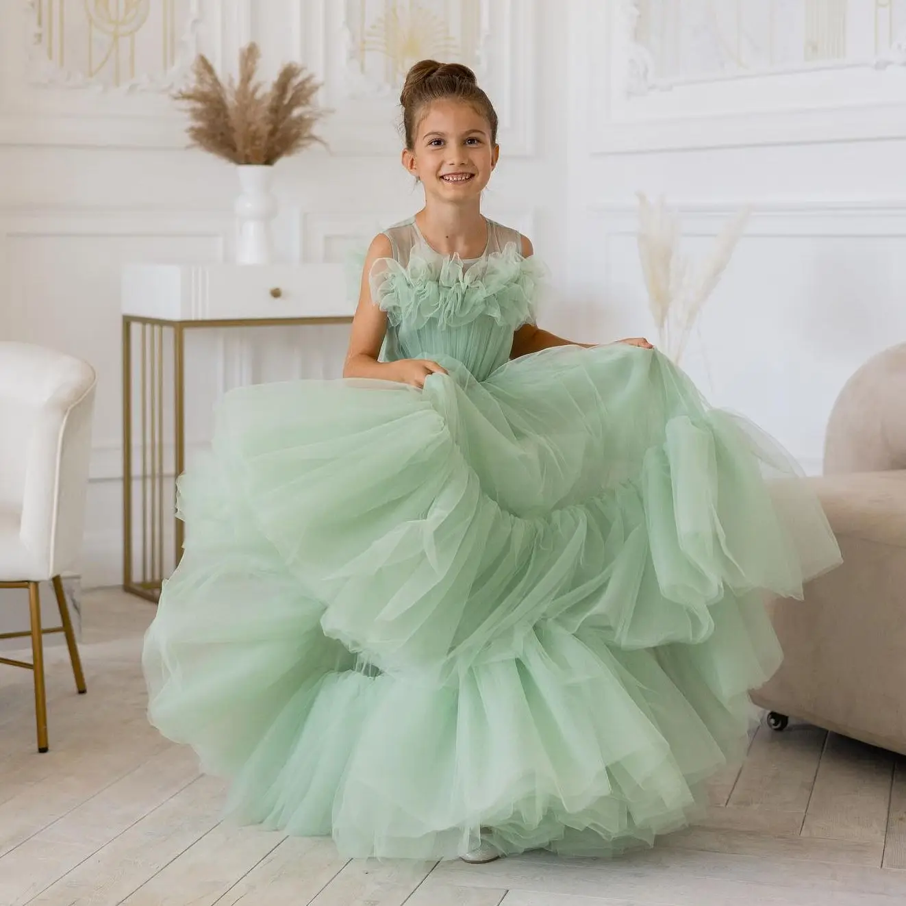 

Tulle Boho Flower Girl Dresses For Wedding Mint Green Litter Kids Toddler Pageant Gown for Photoshoot Long First Communion Dress