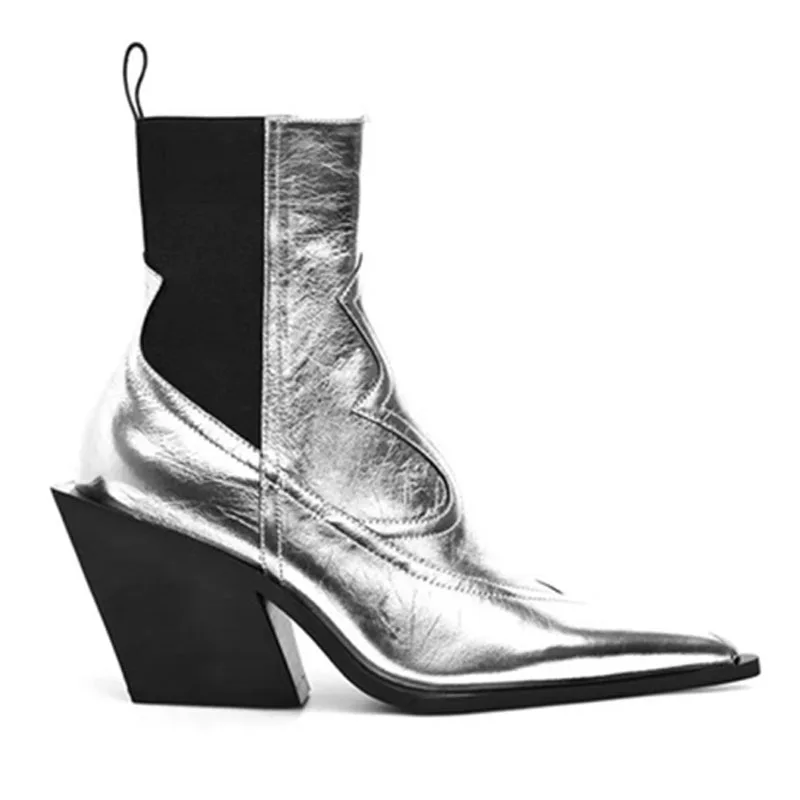 

Pointed Toe Black Wedge Chelsea Boots Chunky Patent Leather Elastic Boots Versatile Silver Sleeve Booties