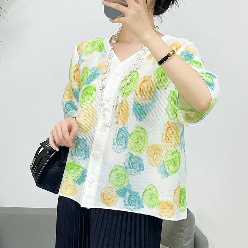 

Miyake Pleated 2024 Summer New Style Printed Mid-sleeve Thin Shirt Tops Women's Loose Design Pleated Clothes for Women
