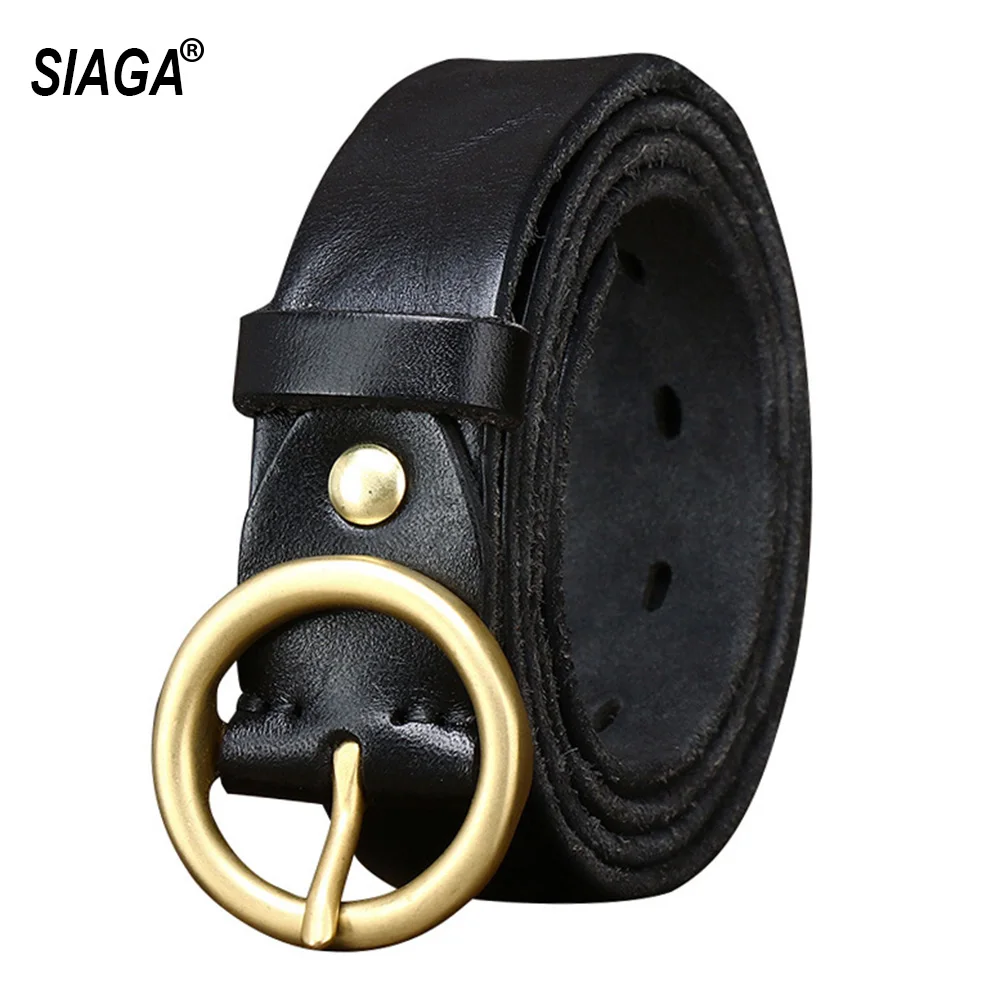 

Solid Cow Leather Brass Ring Pattern Pin Buckle Belts for Women 3.0cm Width