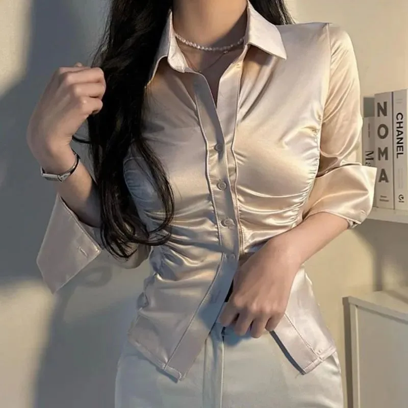 

QWEEK White Elegant Long Sleeve Short Shirt Woman Coquette Blouses Korean Fashion Botton Up Tunic Spring Office Ladies Aesthetic