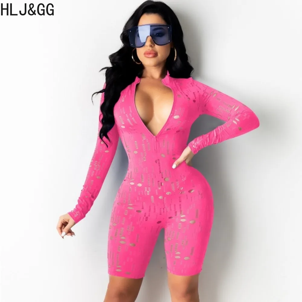 

HLJ&GG Sexy Deep V Hollow Out Hole Bodycon Rompers Women Long Sleeve Slim Nightclub Jumpsuit Fashion Female Solid Zipper Overall